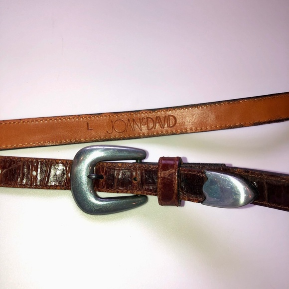 πHPπ JOAN & DAVID Brown Leather Croc Embossed Belt Silver Buckle + Tip Vintage - Picture 13 of 15